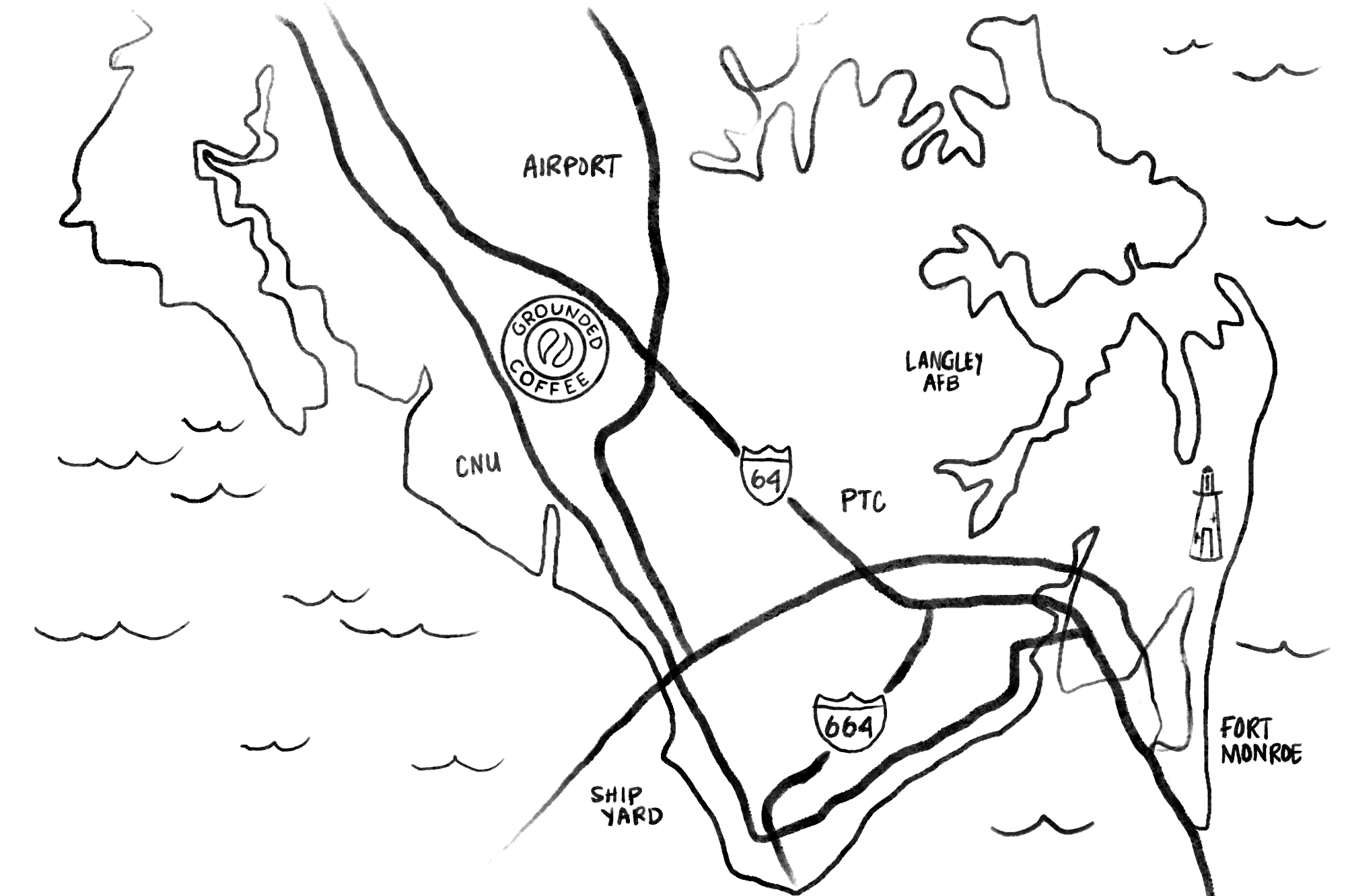 Map line drawing of Hampton Roads showing the location of Grounded Coffee in Newport News.